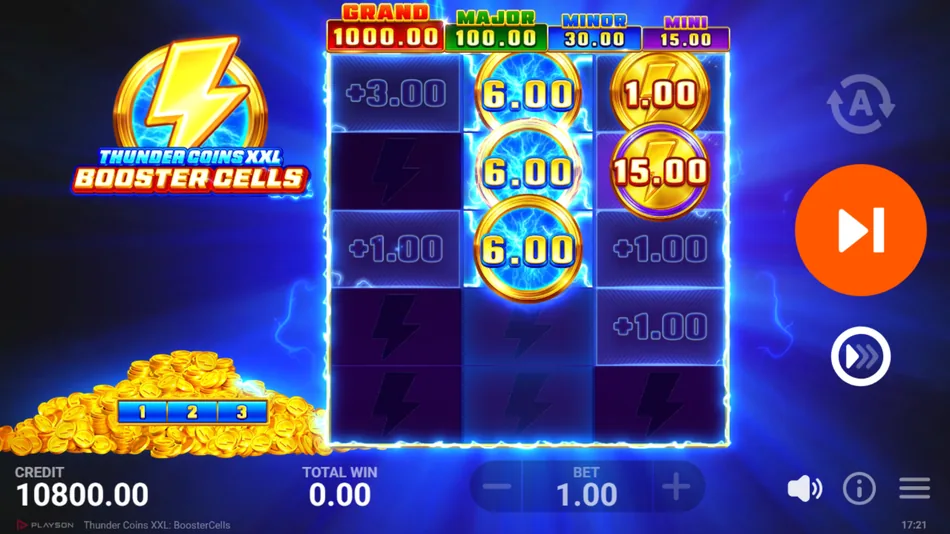 BoosterCells Feature respin with stacked Coin values and sticky Thunder Coin on reel 2
