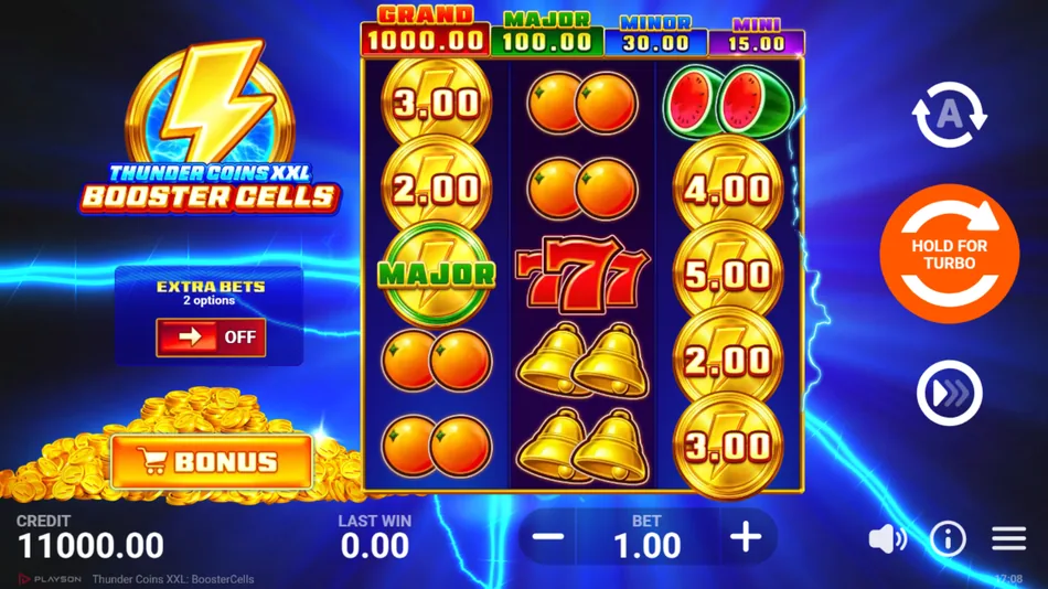Thunder Coins XXL: BoosterCells base game grid with Coin symbols on reels 1 and 3