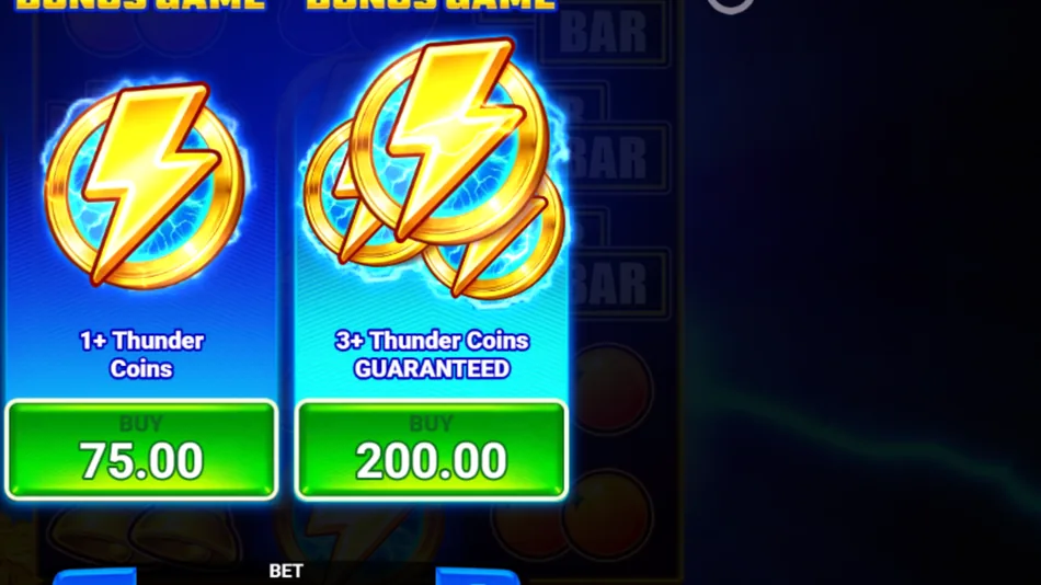 Super Buy Bonus Game confirmation screen showing the 200x price and 3 guaranteed Thunder Coins