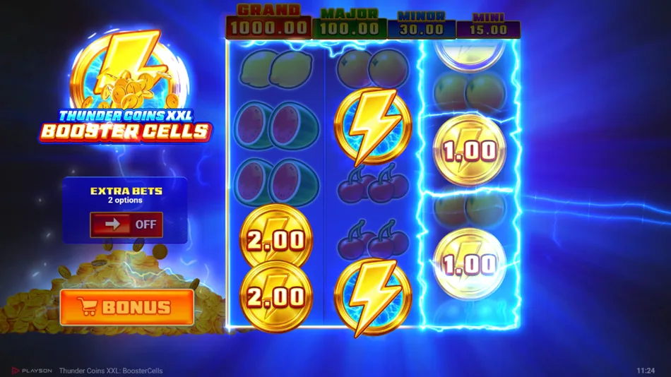 Thunder Feature triggering with a Thunder Coin on reel 2 next to a Coin symbol